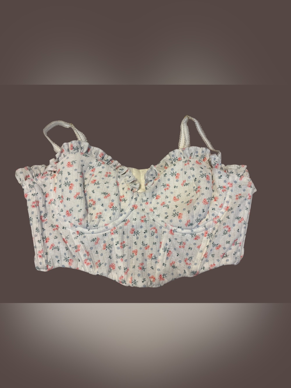 Floral Ruffle Bustier Crop Top - White with Pink Floral